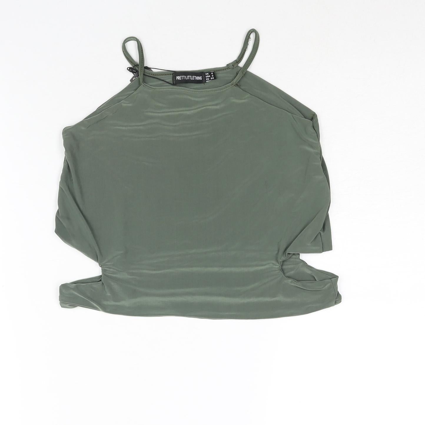 PRETTYLITTLETHING Womens Green Polyester Camisole Blouse Size 8 Square Neck - Cut Out Detail