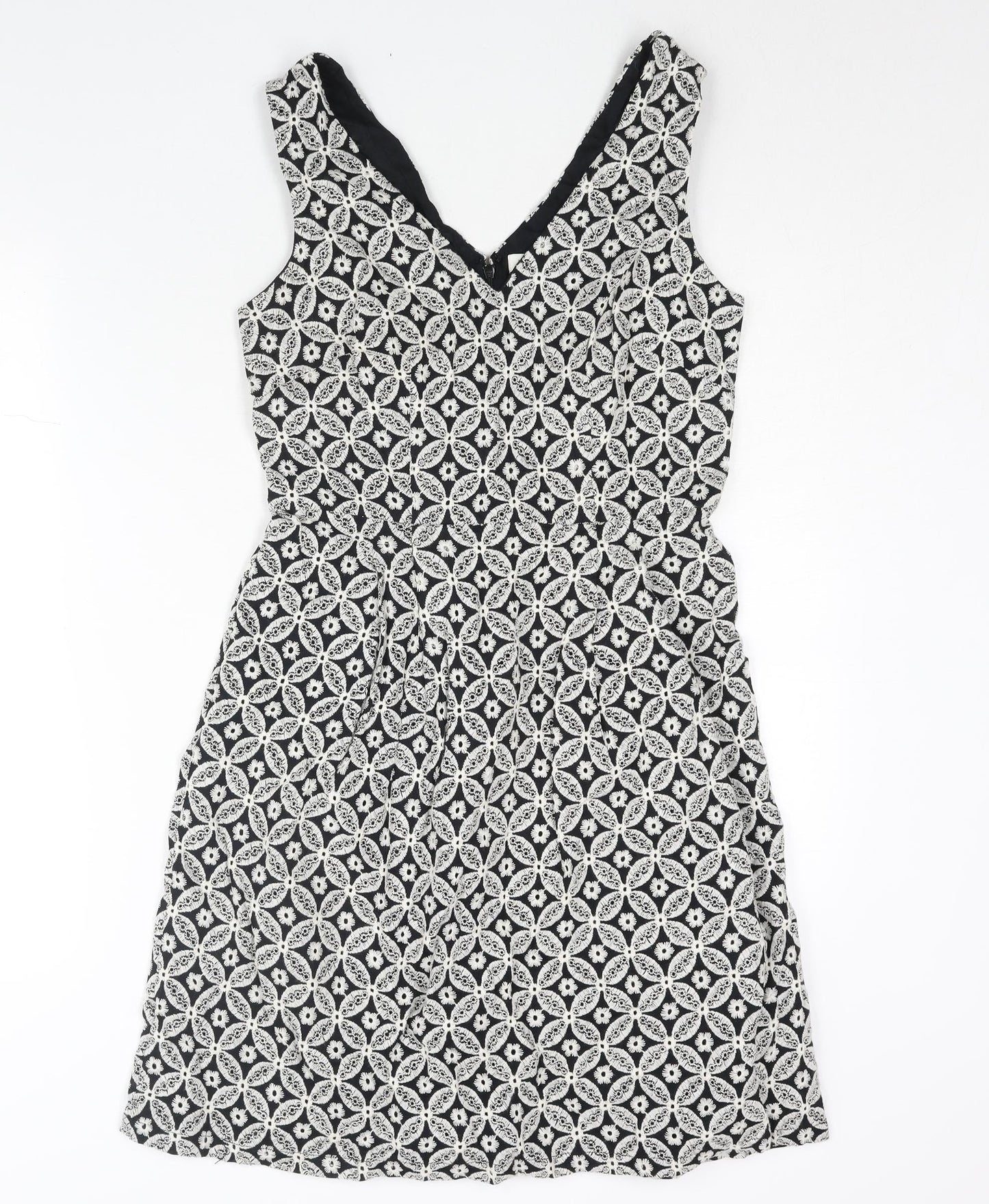 Monsoon Womens White Geometric Cotton A-Line Size 10 V-Neck Zip - Embroidered