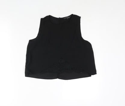 Additional front view of Miss Selfridge women’s black polyester cropped blouse, size UK 8, round neck - lace panel