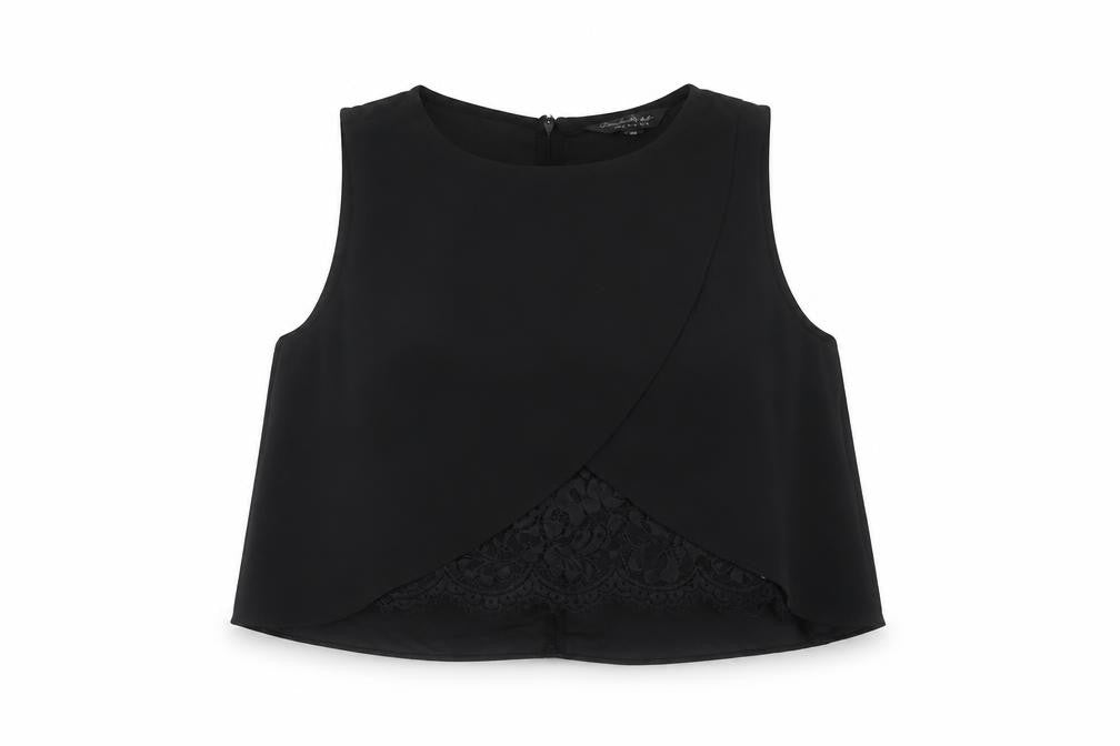 Miss Selfridge Womens Black Polyester Cropped Blouse Size 8 Round Neck - Lace Panel