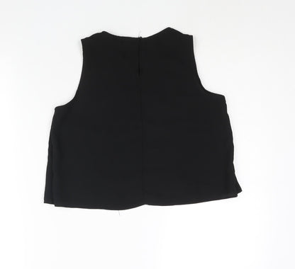 Back view of Miss Selfridge women’s black polyester cropped blouse, size UK 8, round neck - lace panel