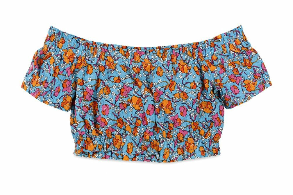 Topshop Womens Blue Floral Cotton Cropped Blouse Size 10 Boat Neck - Rouched
