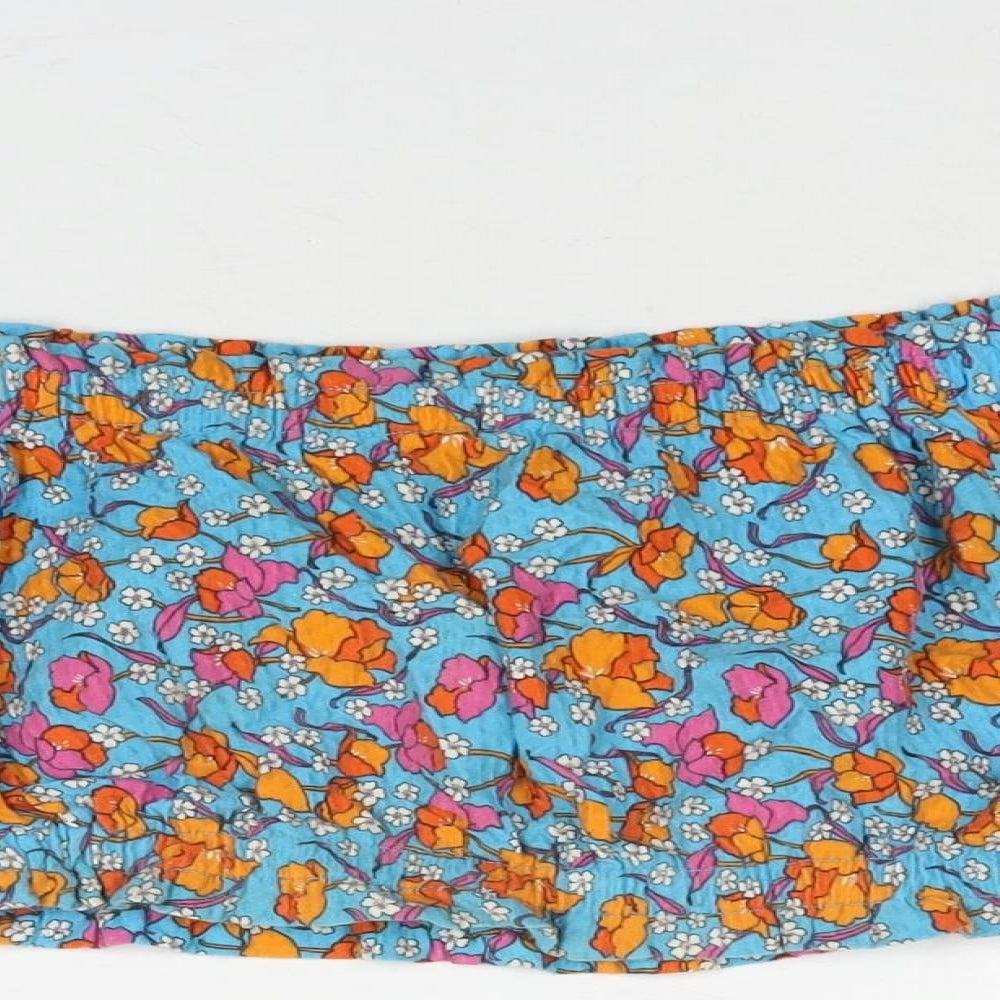 Topshop Womens Blue Floral Cotton Cropped Blouse Size 10 Boat Neck - Rouched