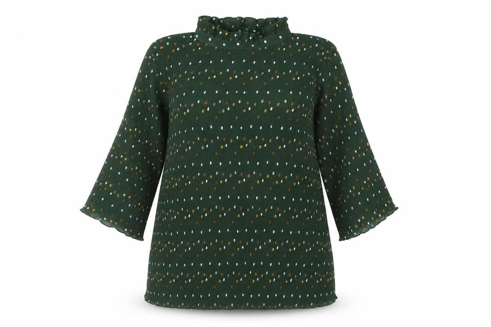 Monki Womens Green Polka Dot Polyester Basic Blouse Size S Mock Neck - Plisse Frill