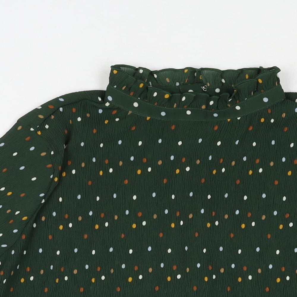 Monki Womens Green Polka Dot Polyester Basic Blouse Size S Mock Neck - Plisse Frill