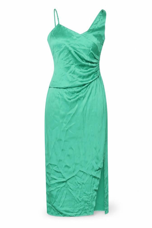 Pretty Lavish Womens Green Polyester Slip Dress Size 10 V-Neck Zip - Front Slit Rouched