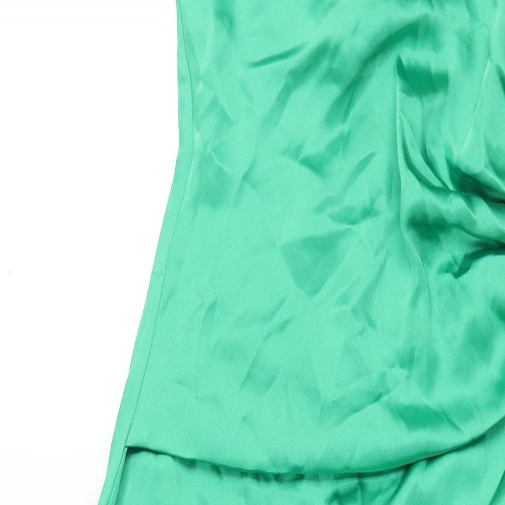 Pretty Lavish Womens Green Polyester Slip Dress Size 10 V-Neck Zip - Front Slit Rouched