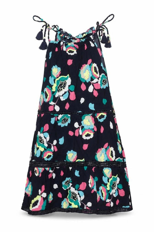 Marks & Spencer Womens Blue Floral Cotton A-Line Size 8 Round Neck Tie - Tassle Strap Lace Detail