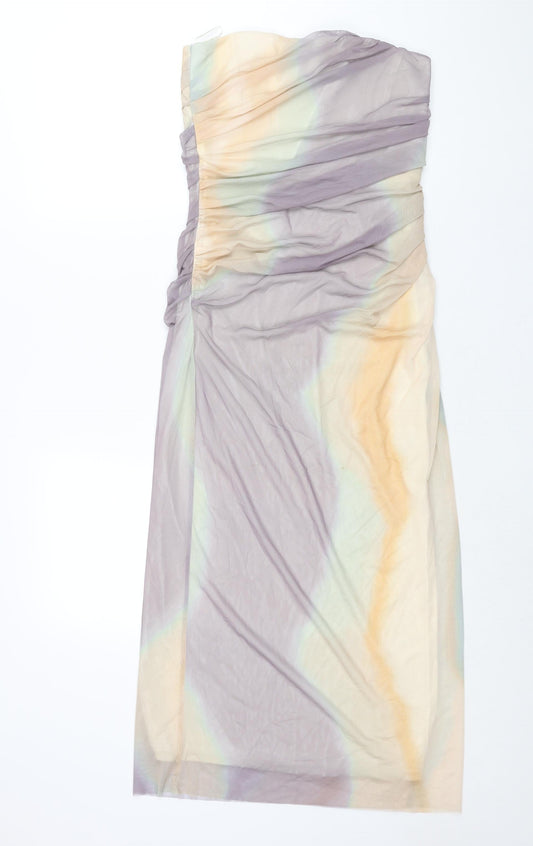 Zara Womens Multicoloured Geometric Polyester Shift Size M Square Neck Zip - Side Slit Rouched Corset Bodice