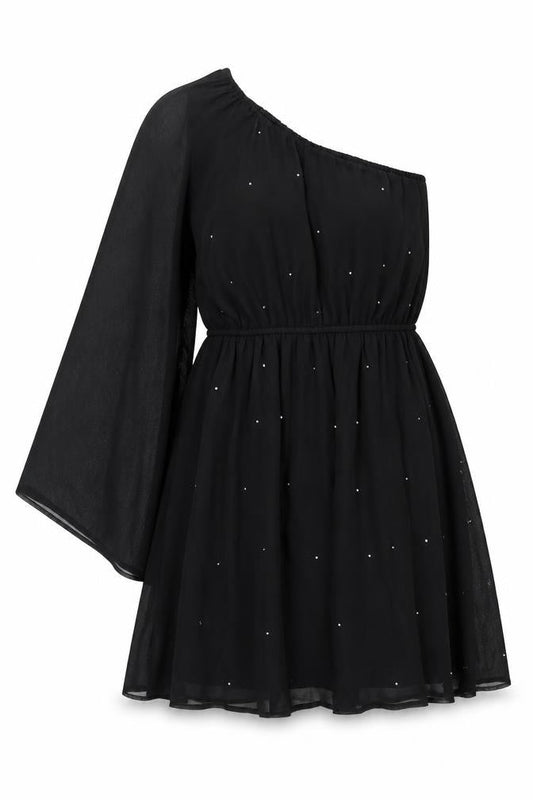 New Look Womens Black Polyester A-Line Size 8 One Shoulder Pullover - Rhinestone Detail Flare Sleeve