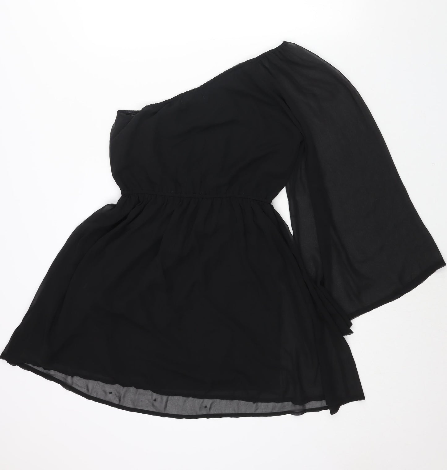 New Look Womens Black Polyester A-Line Size 8 One Shoulder Pullover - Rhinestone Detail Flare Sleeve