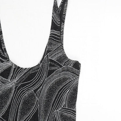 Close-up detail of Miss Selfridge women’s black geometric polyester mini, size UK 8, scoop neck pullover - glitter