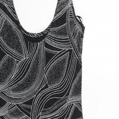 Brand and care label for Miss Selfridge women’s black geometric polyester mini, size UK 8, scoop neck pullover - glitter
