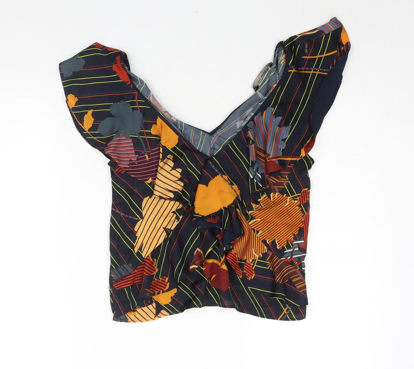 Zara Womens Blue Geometric Polyester Basic Blouse Size S V-Neck - Frill Floral Stripe Print