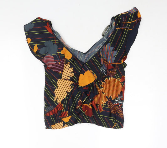 Zara Womens Blue Geometric Polyester Basic Blouse Size S V-Neck - Frill Floral Stripe Print