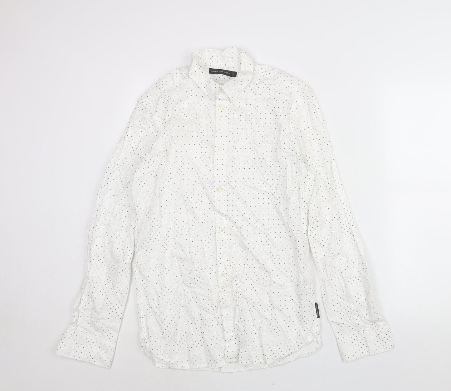 French Connection Mens White Polka Dot Cotton Button-Up Size S Collared Button