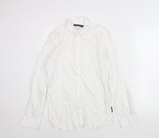French Connection Mens White Polka Dot Cotton Button-Up Size S Collared Button