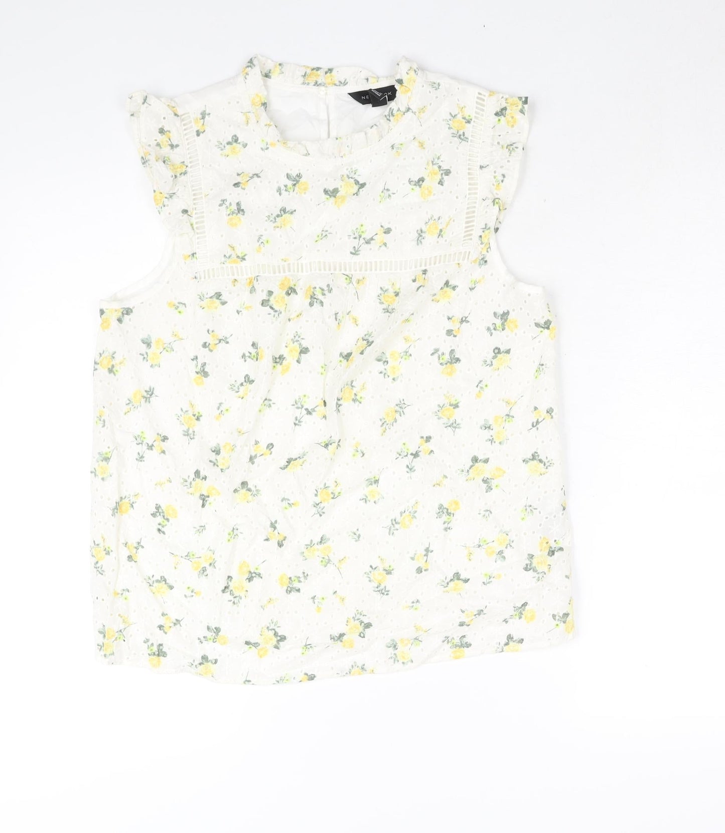 New Look Womens White Cotton Basic Blouse Size 12 Mock Neck - Embroidered Floral Print Frill