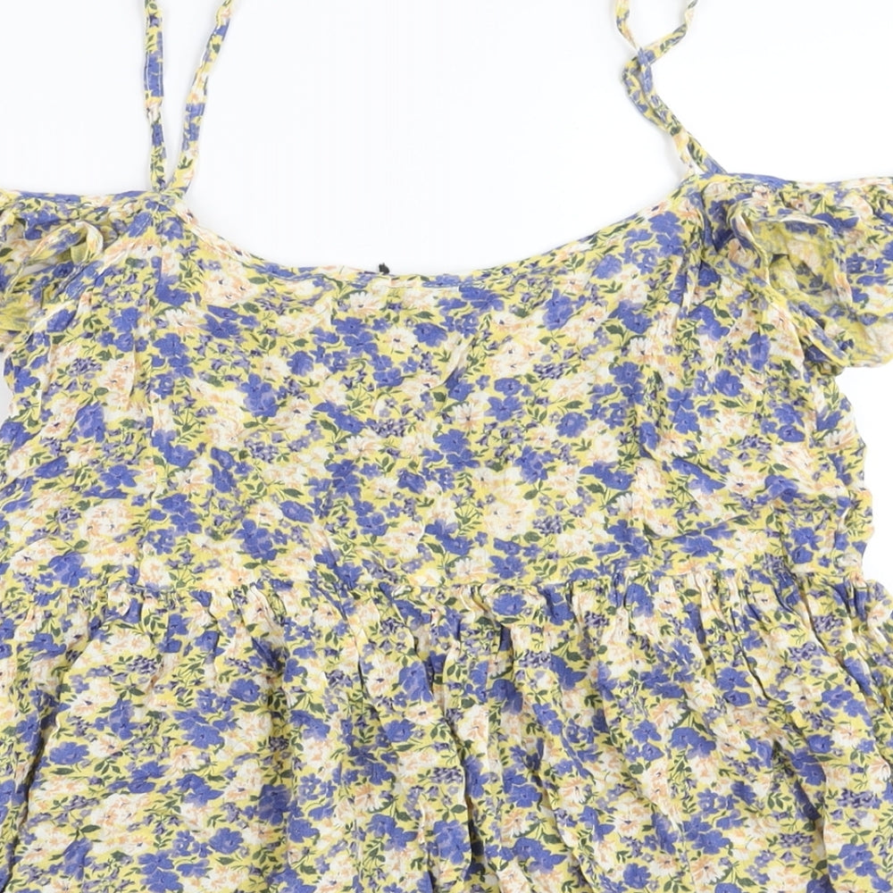 New Look Womens Multicoloured Floral Viscose A-Line Size 10 Scoop Neck Pullover - Cold Shoulder Frill