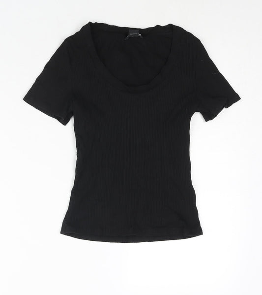 Monki Womens Black Cotton Basic T-Shirt Size S Scoop Neck - Ribbed