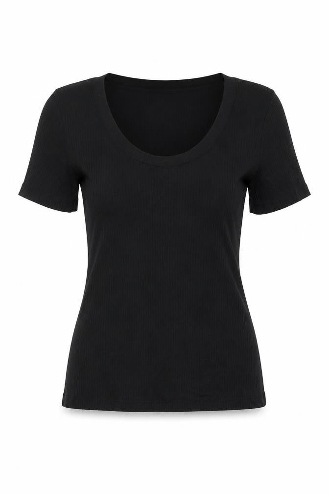 Monki Womens Black Cotton Basic T-Shirt Size S Scoop Neck - Ribbed