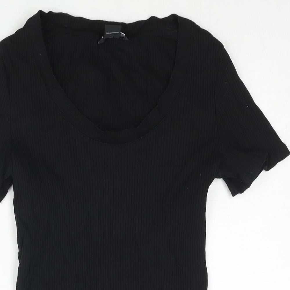 Monki Womens Black Cotton Basic T-Shirt Size S Scoop Neck - Ribbed