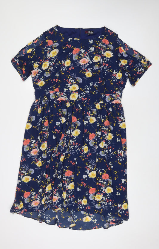 Lovedrobe Womens Blue Floral Polyester A-Line Size 18 Boat Neck Zip