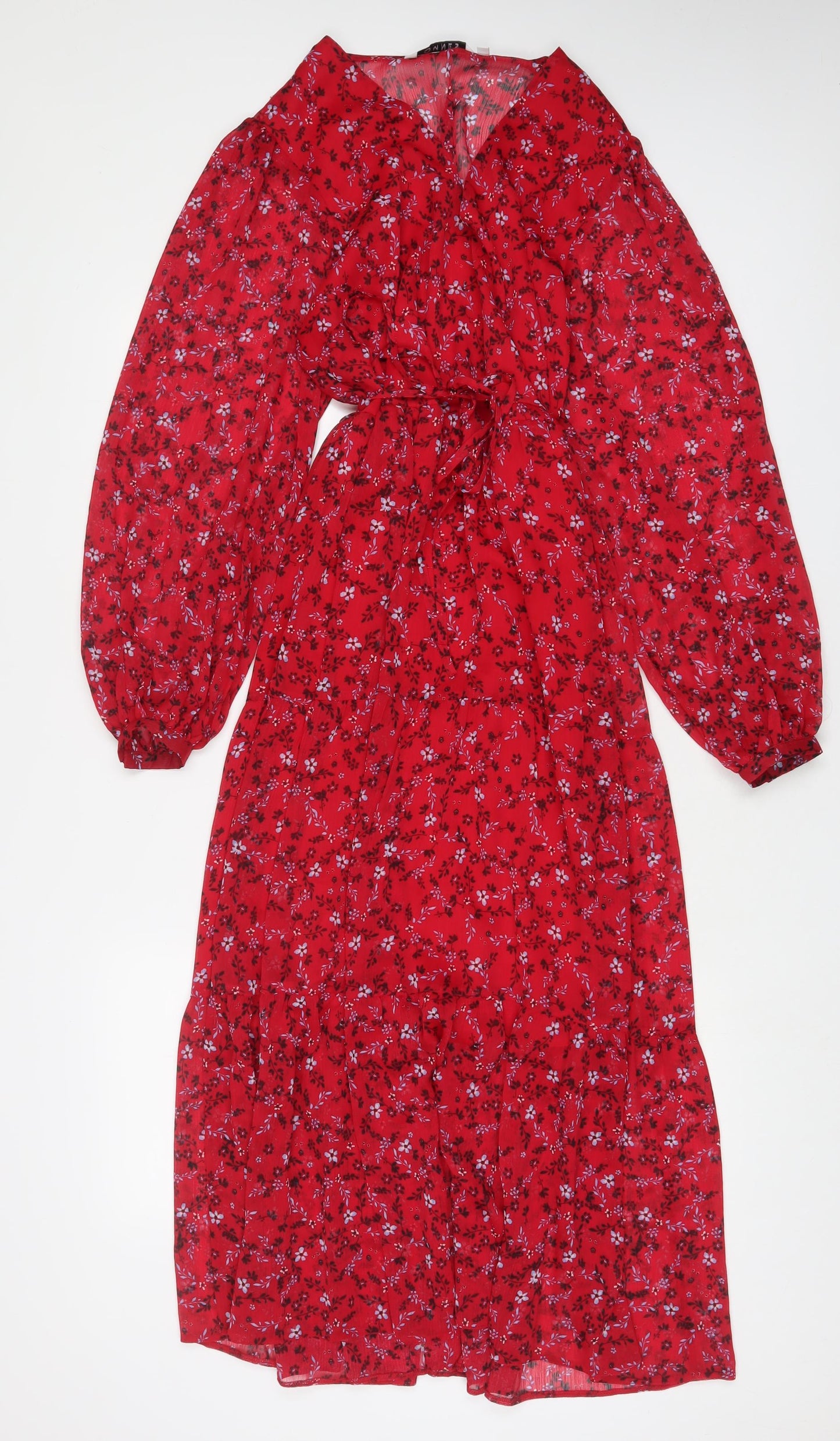 Omnes Womens Red Floral Polyester A-Line Size 12 V-Neck Pullover - Belted