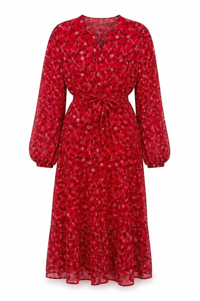 Omnes Womens Red Floral Polyester A-Line Size 12 V-Neck Pullover - Belted