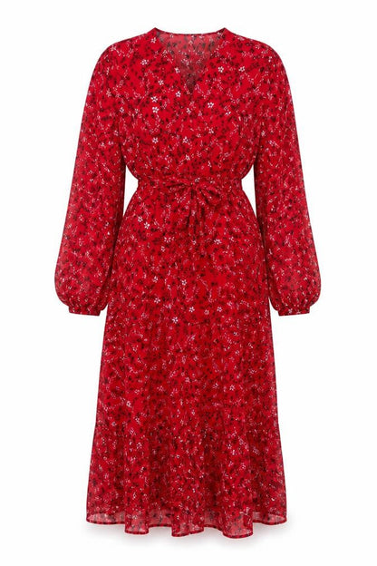 Omnes Womens Red Floral Polyester A-Line Size 12 V-Neck Pullover - Belted