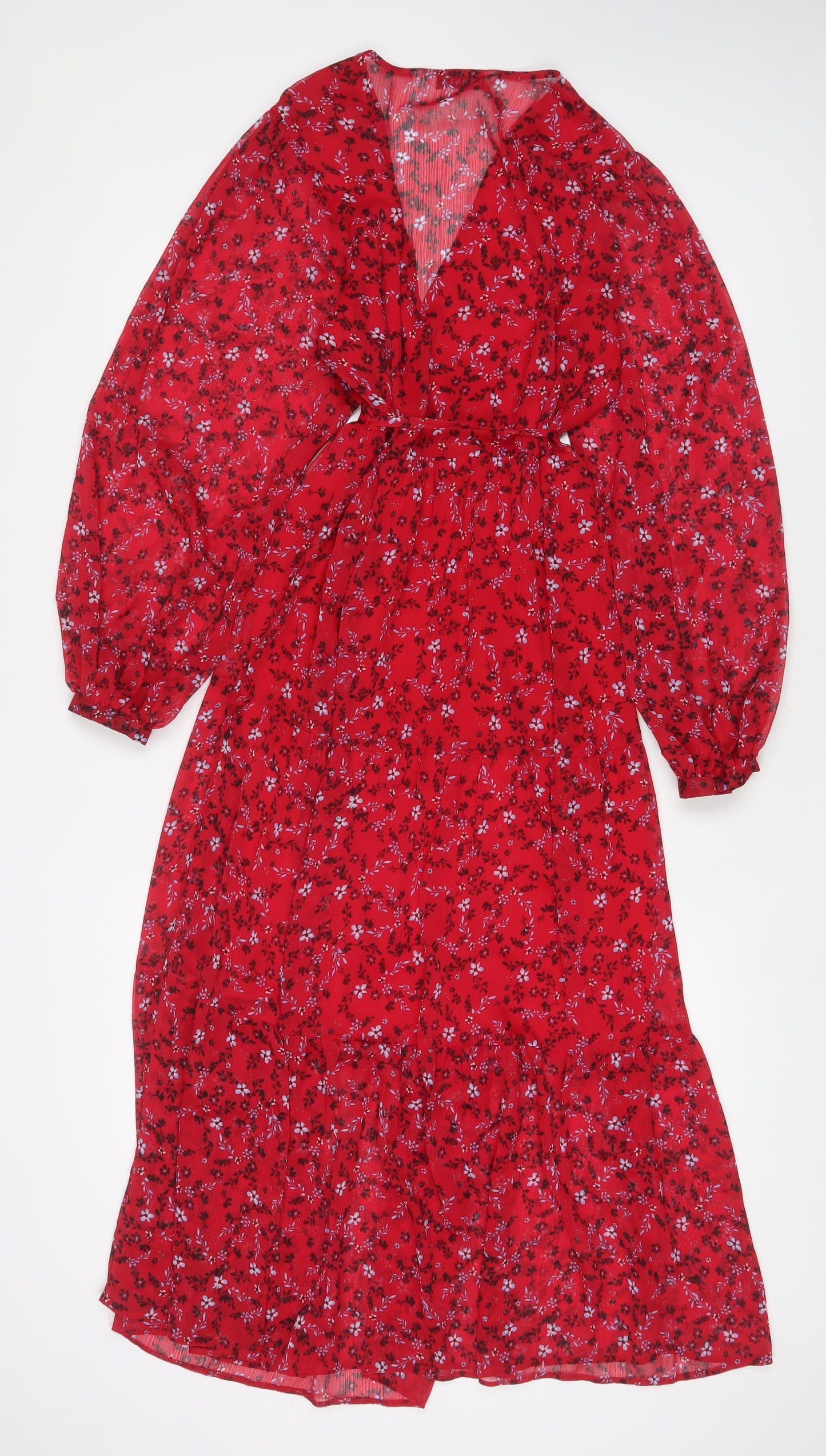 Omnes Womens Red Floral Polyester A-Line Size 12 V-Neck Pullover - Belted