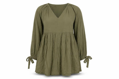 Front view of ASOS women’s green viscose a-line, size UK 10, v-neck pullover