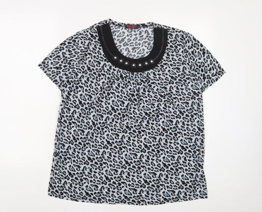 Kin Da Womens Blue Animal Print Polyester Basic T-Shirt Size 2XL Crew Neck - Studded