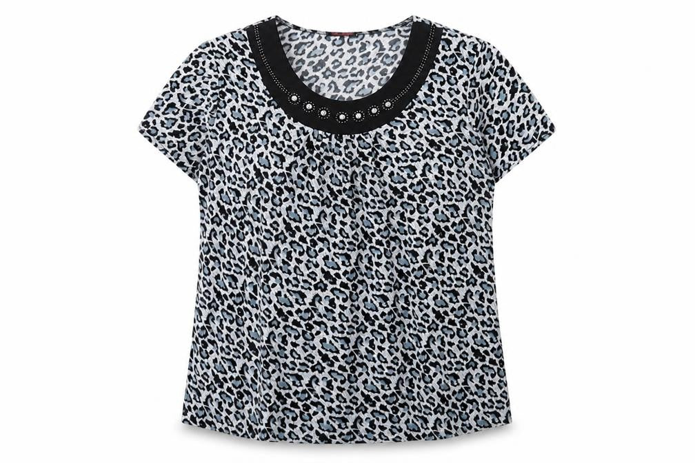 Kin Da Womens Blue Animal Print Polyester Basic T-Shirt Size 2XL Crew Neck - Studded