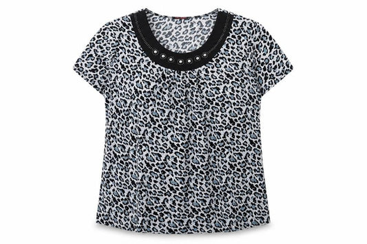 Kin Da Womens Blue Animal Print Polyester Basic T-Shirt Size 2XL Crew Neck - Studded