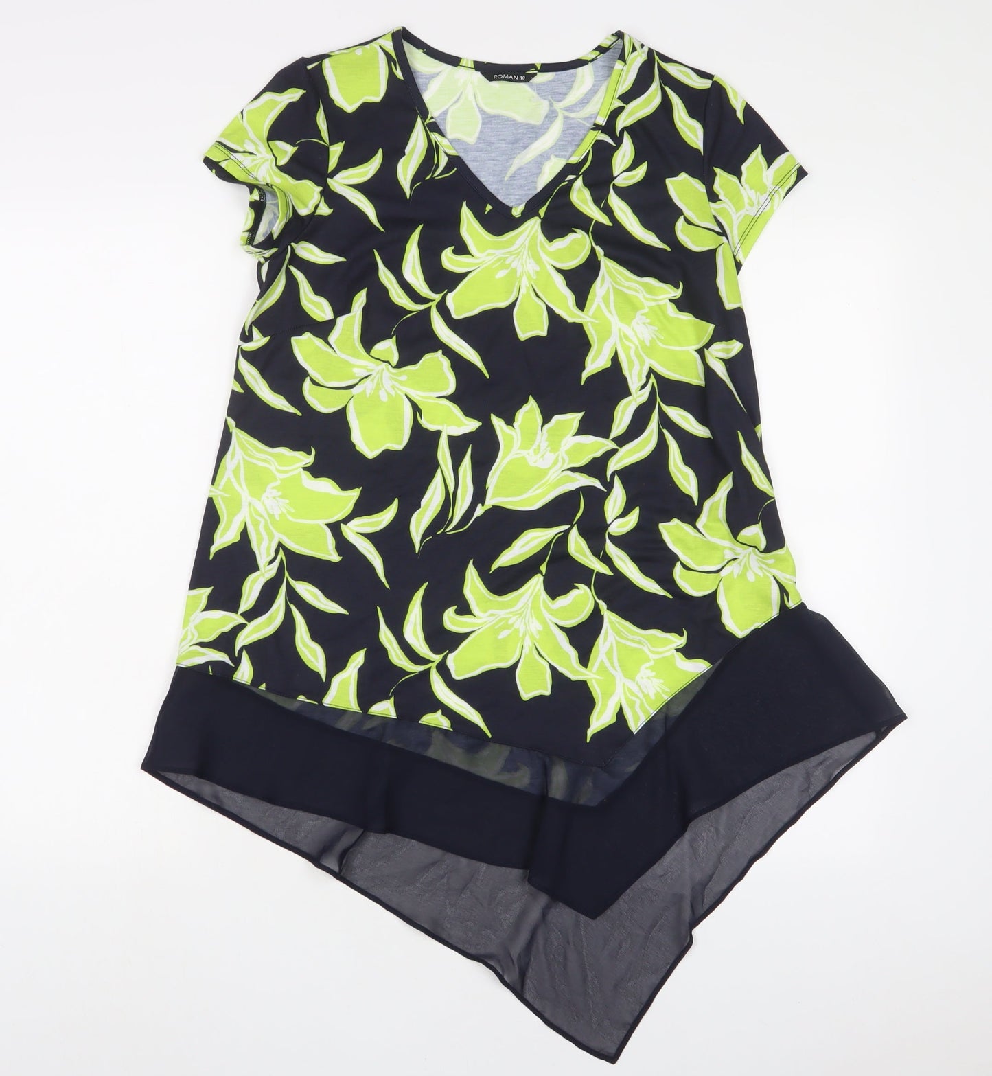 Roman Womens Green Floral Polyester Tunic T-Shirt Size 10 V-Neck