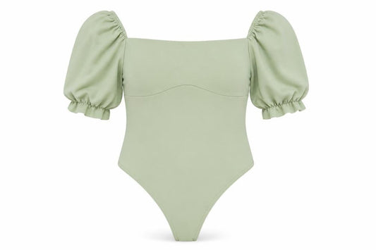 Front view of I SAW IT FIRST women’s green polyester bodysuit one-piece, size UK 14, pullover