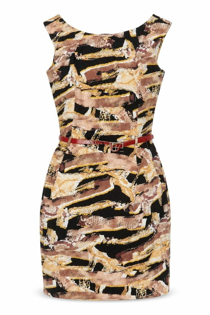Izabel London Womens Multicoloured Geometric Polyester Sheath Size 8 Boat Neck Pullover - Belted