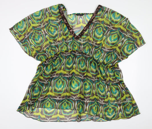 Wardrobe Womens Green Geometric Polyester Basic Blouse Size 26 V-Neck