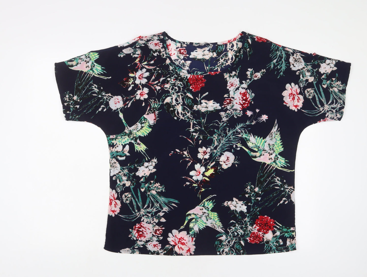 Pebble Bay Womens Blue Floral Polyester Basic T-Shirt Size M Crew Neck - Cold Shoulder