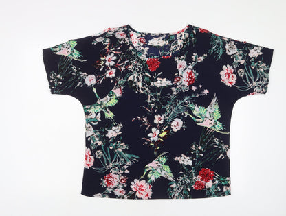 Pebble Bay Womens Blue Floral Polyester Basic T-Shirt Size M Crew Neck - Cold Shoulder