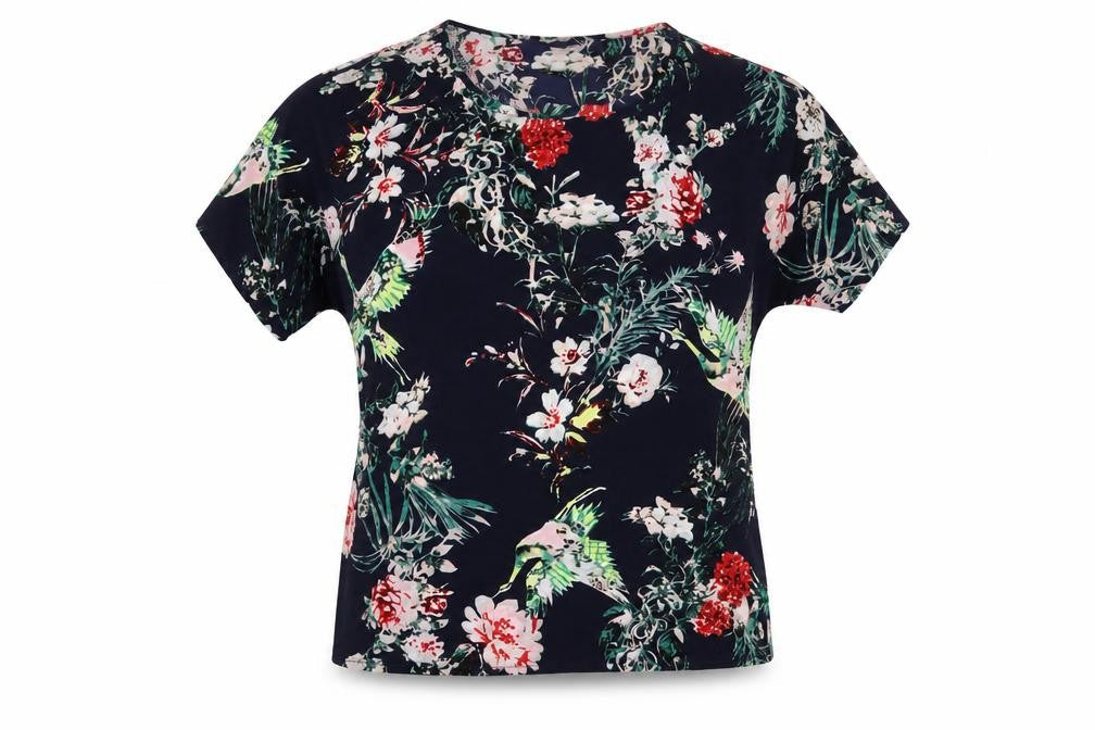 Pebble Bay Womens Blue Floral Polyester Basic T-Shirt Size M Crew Neck - Cold Shoulder