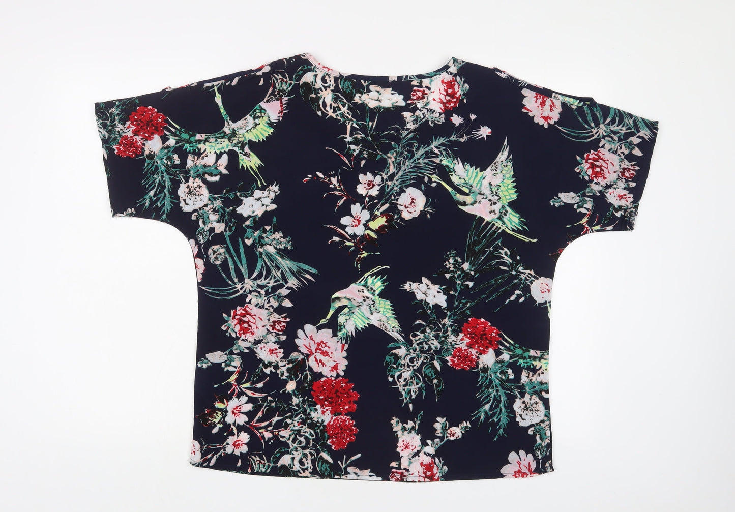 Pebble Bay Womens Blue Floral Polyester Basic T-Shirt Size M Crew Neck - Cold Shoulder