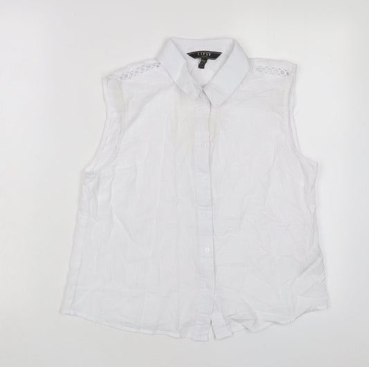Lipsy Womens White Cotton Basic Button-Up Size 10 Collared - Embroidered