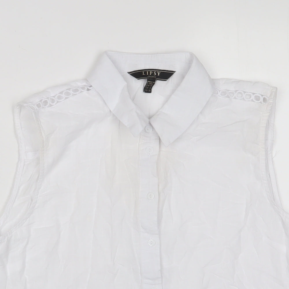 Lipsy Womens White Cotton Basic Button-Up Size 10 Collared - Embroidered