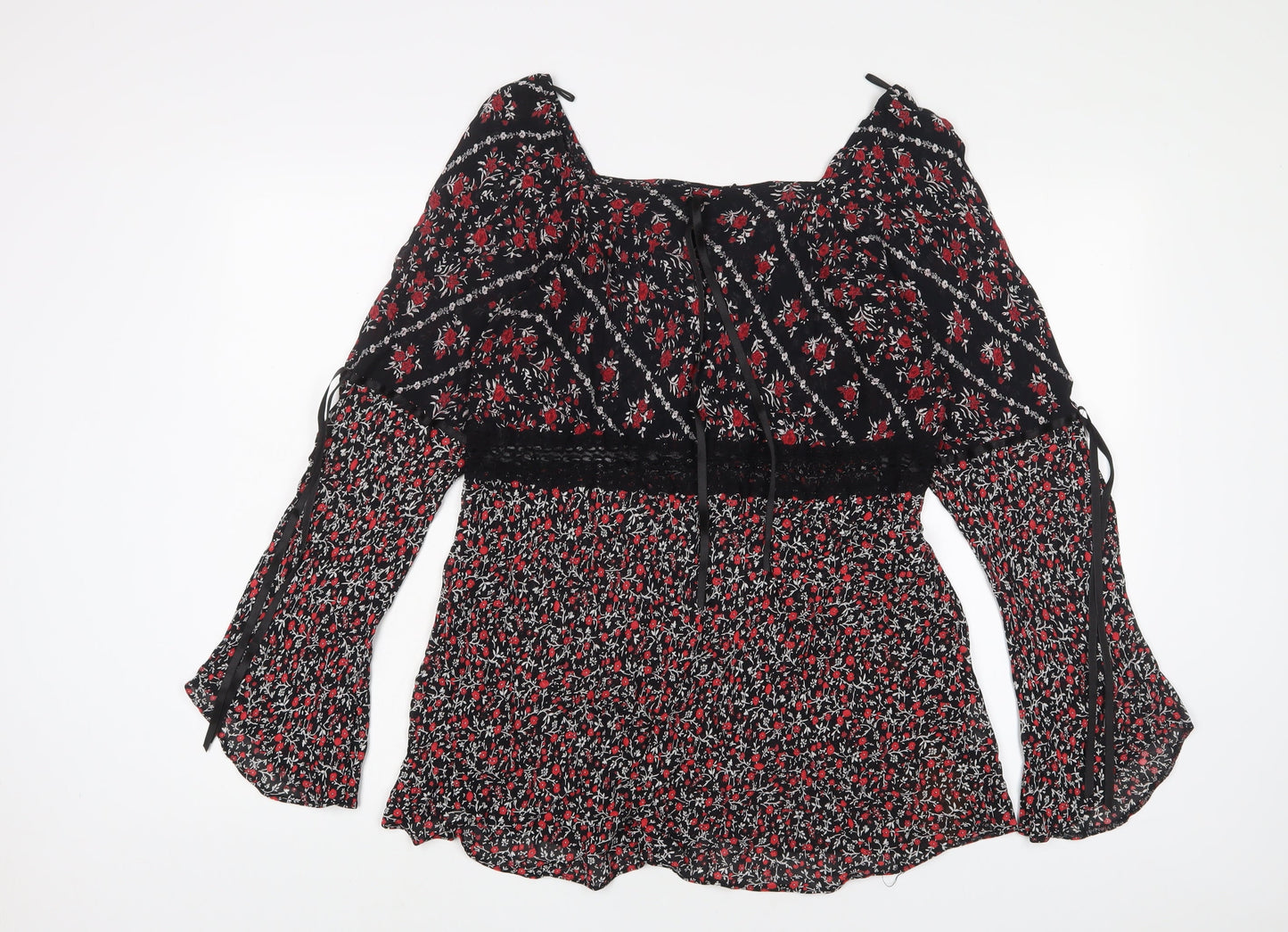 essence Womens Red Floral Viscose Basic Blouse Size 16 V-Neck - Lace