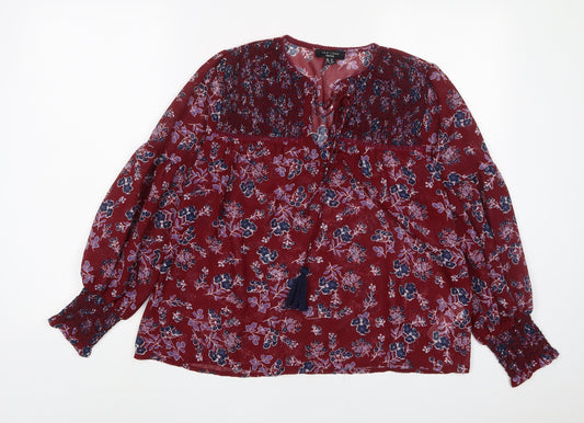 New Look Womens Red Floral Polyester Basic Blouse Size 10 V-Neck