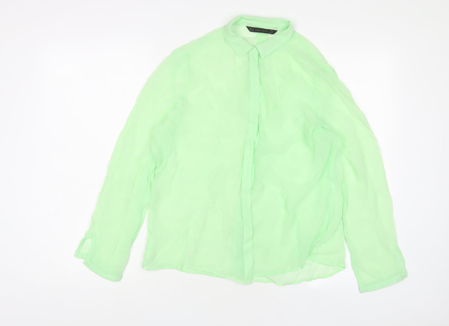Zara Womens Green Polyester Basic Button-Up Size M Collared
