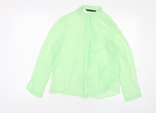 Zara Womens Green Polyester Basic Button-Up Size M Collared