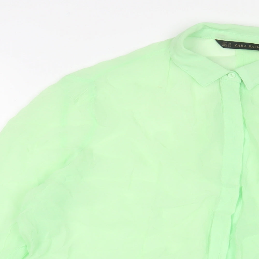 Zara Womens Green Polyester Basic Button-Up Size M Collared